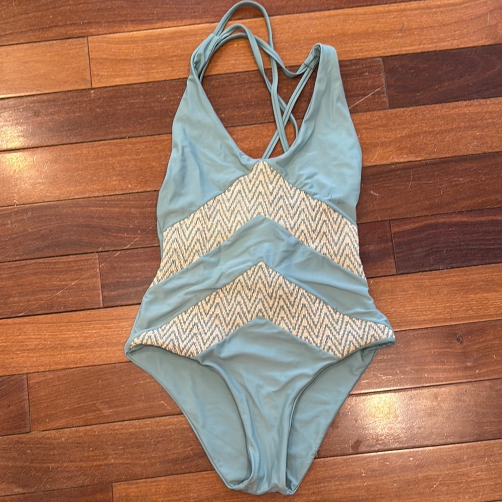 Blue One-Piece Swimsuit with Chevron Pattern